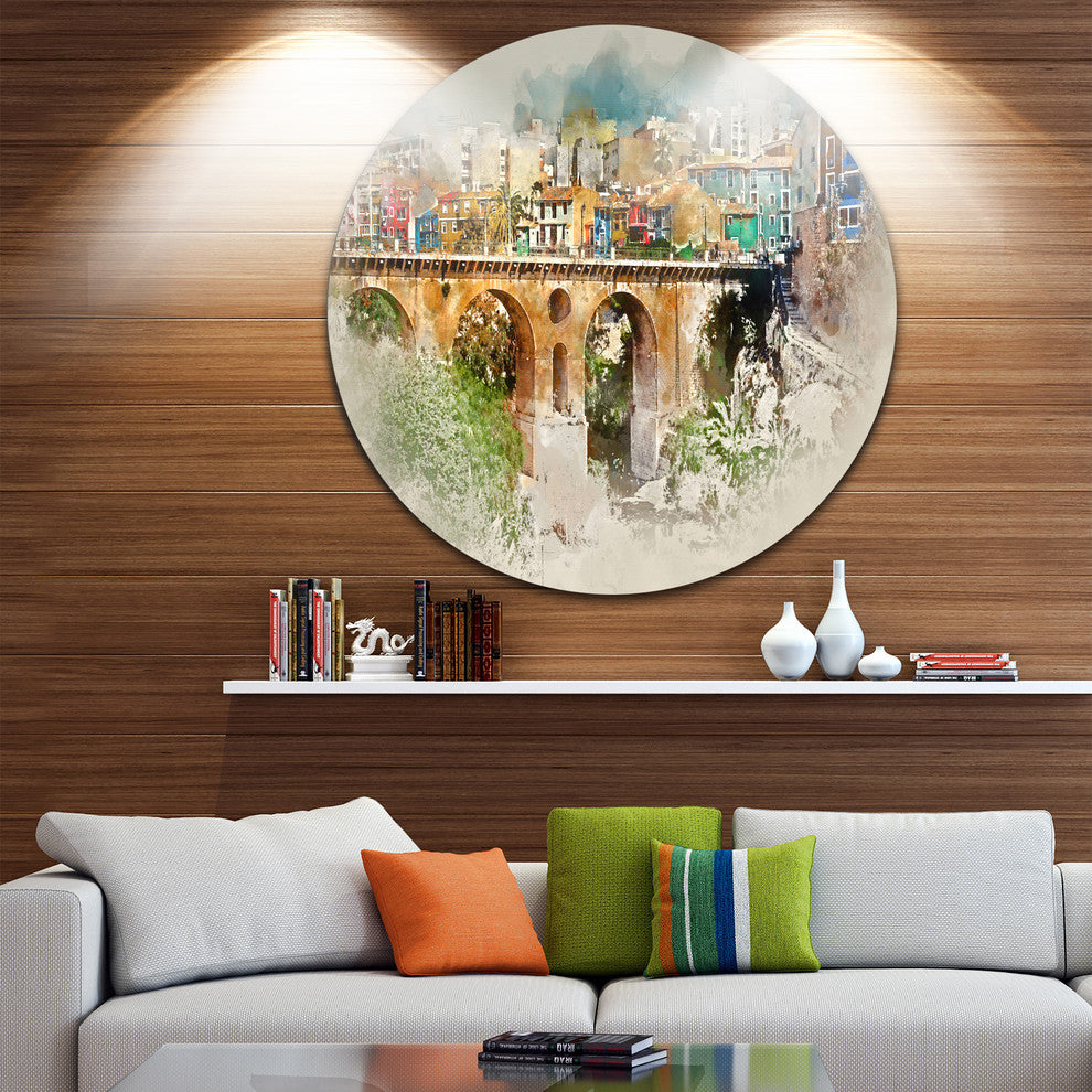 Villajoyosa City Digital Art Bridge, Cityscape Disc Metal Artwork, 36"