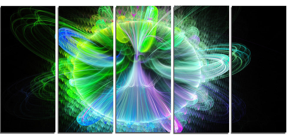 Bright Blue Fractal Vortices of Energy, Floral Canvas Print, 60"x28", 5 Panels