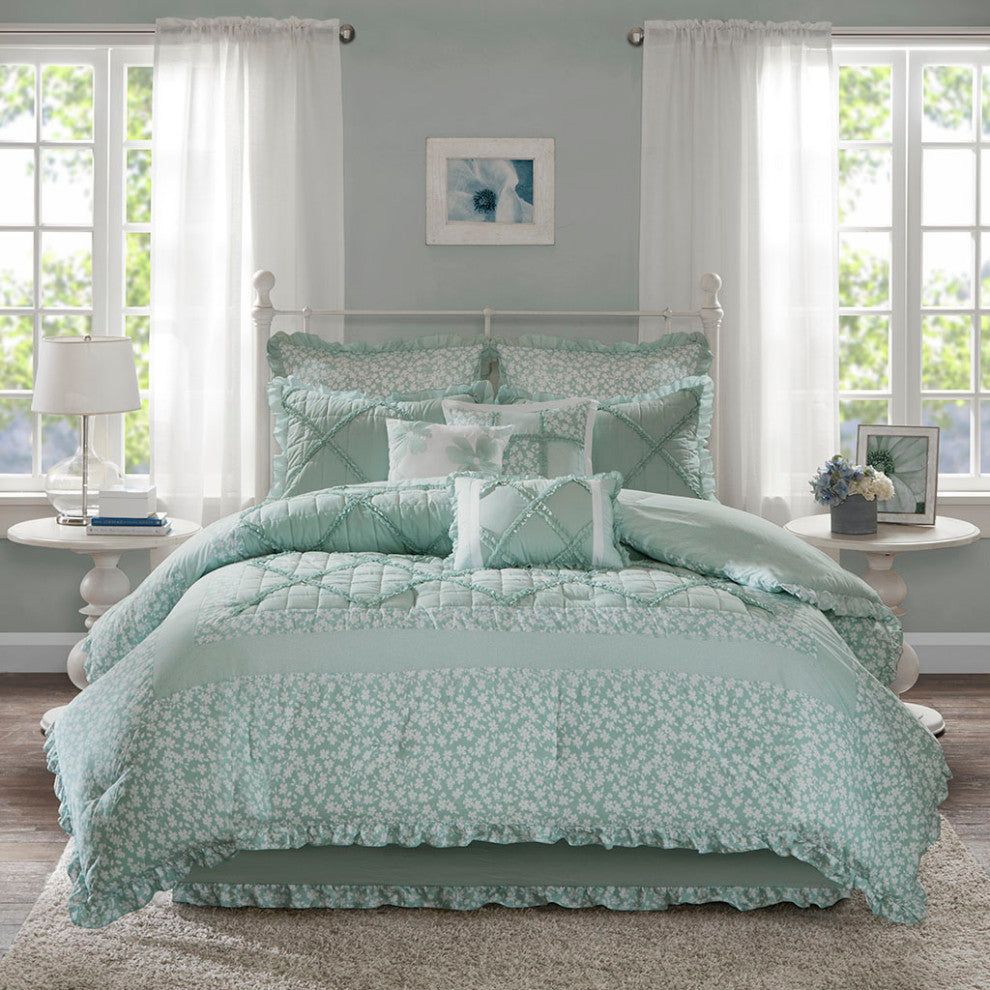 Madison Park Mindy 9 Piece Cotton Percale Comforter Set in Seafoam