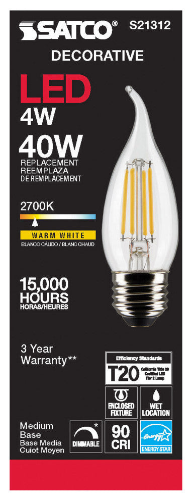 4W CA10 LED, Clear, Medium Base, 90 CRI, 2700K, 120V