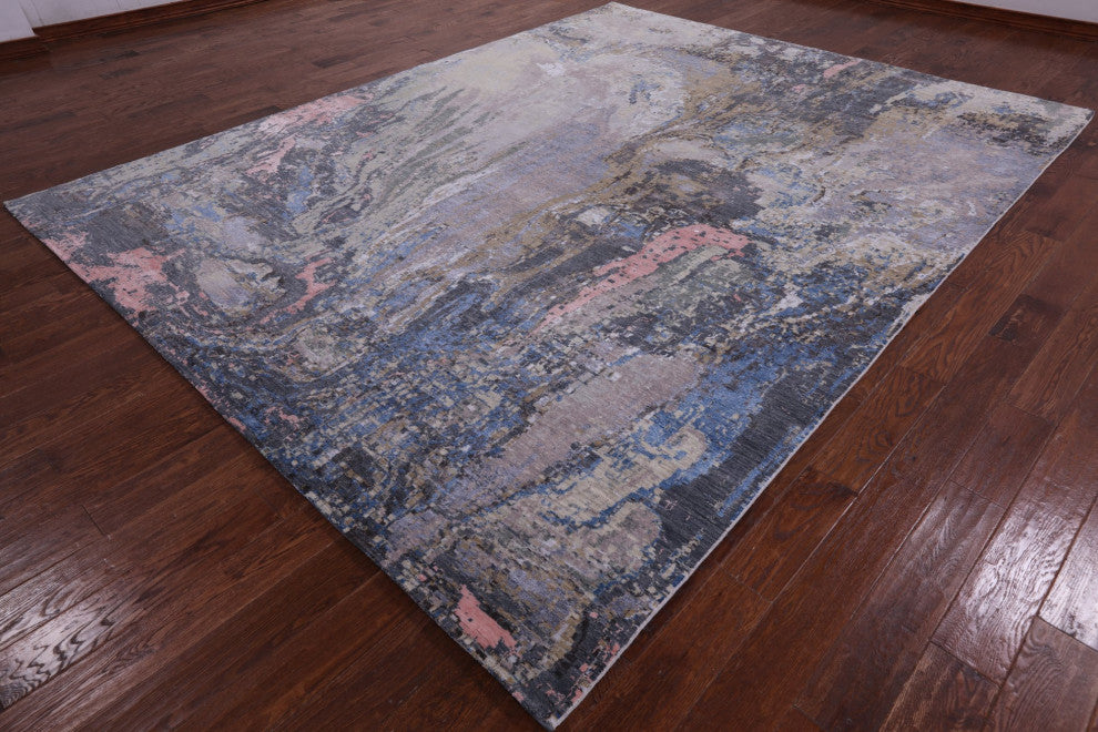 9' 0" X 11' 9" Abstract Hand Knotted Wool and Silk Rug Q7051