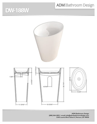 ADM Oval Freestanding Pedestal Sink, White, 24", Glossy White