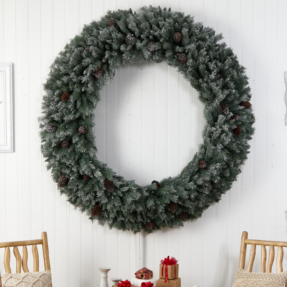 6' Giant Flocked Christmas Artificial Wreath With Pinecones, 600 Clear LEDs