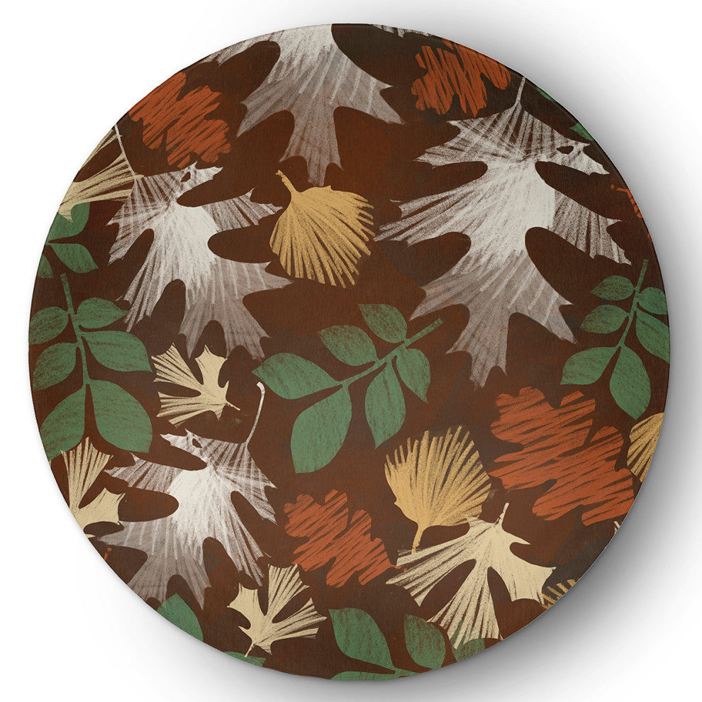 Watercolor Leaves Fall Design Chenille Area Rug, Brown, 5' Round