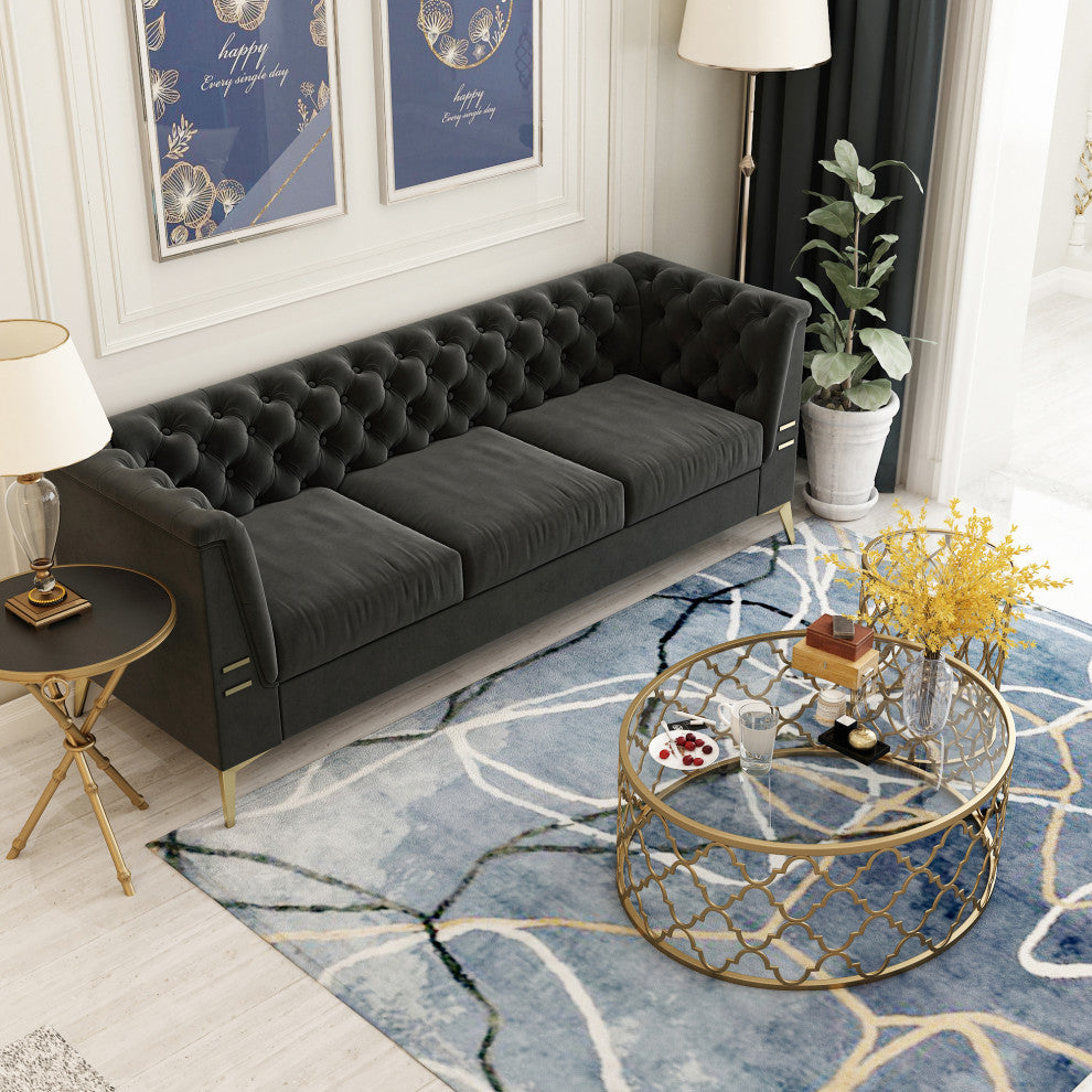 82.7'' Chesterfield Velvet Square Arm Sofa with Gold Leg, Dark Gray
