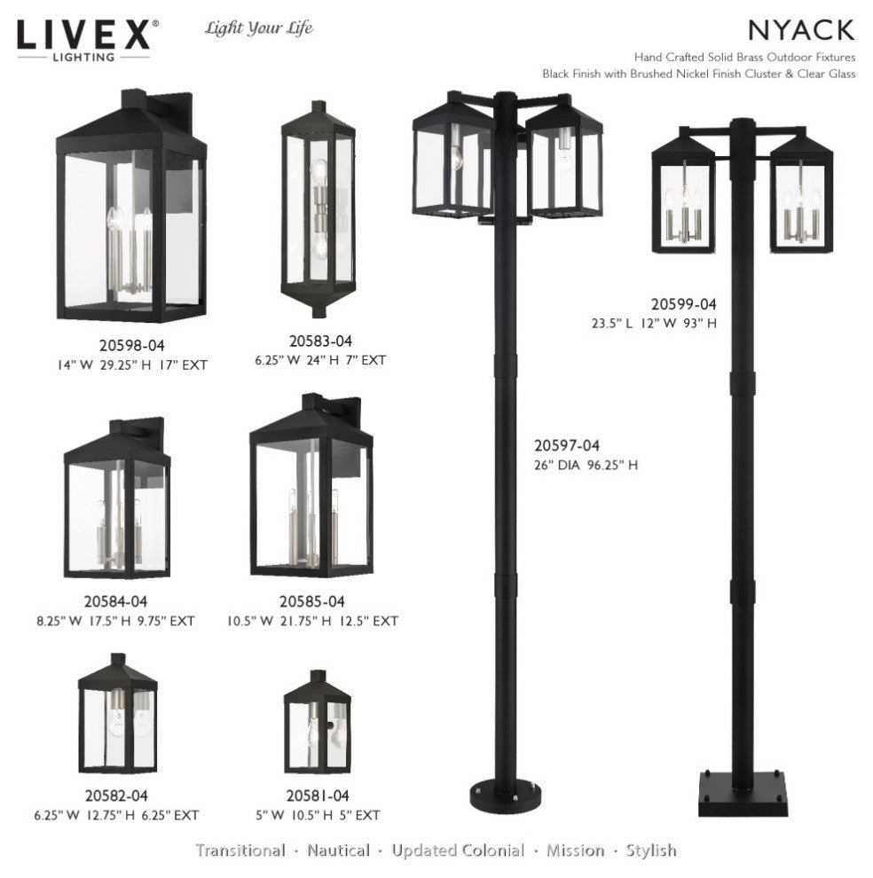 Nyack Multi Head Black Outdoor Post Light with Brushed Nickel and Clear Glass