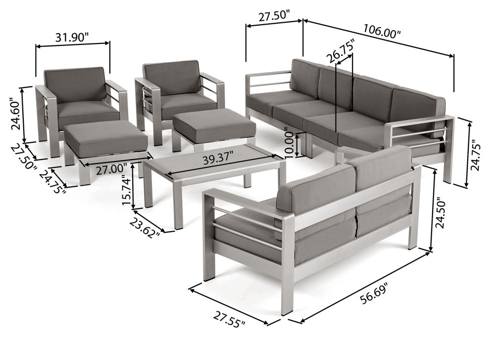 GDF Studio Emily Coral Outdoor 8-Seater Aluminum Sectional Set With Coffee Table