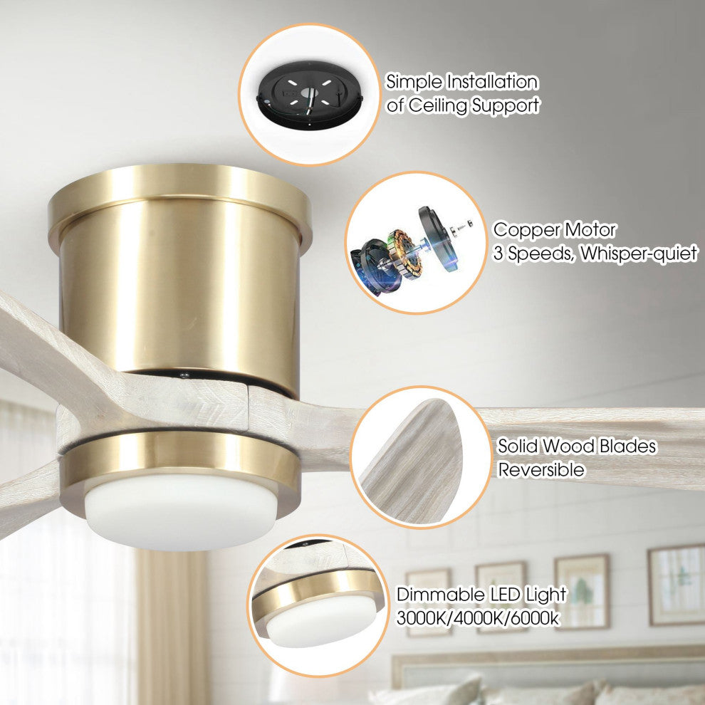 52 in Modern Dimmable Flush Mounted Ceiling fan with 3 Blades in Sand Copper