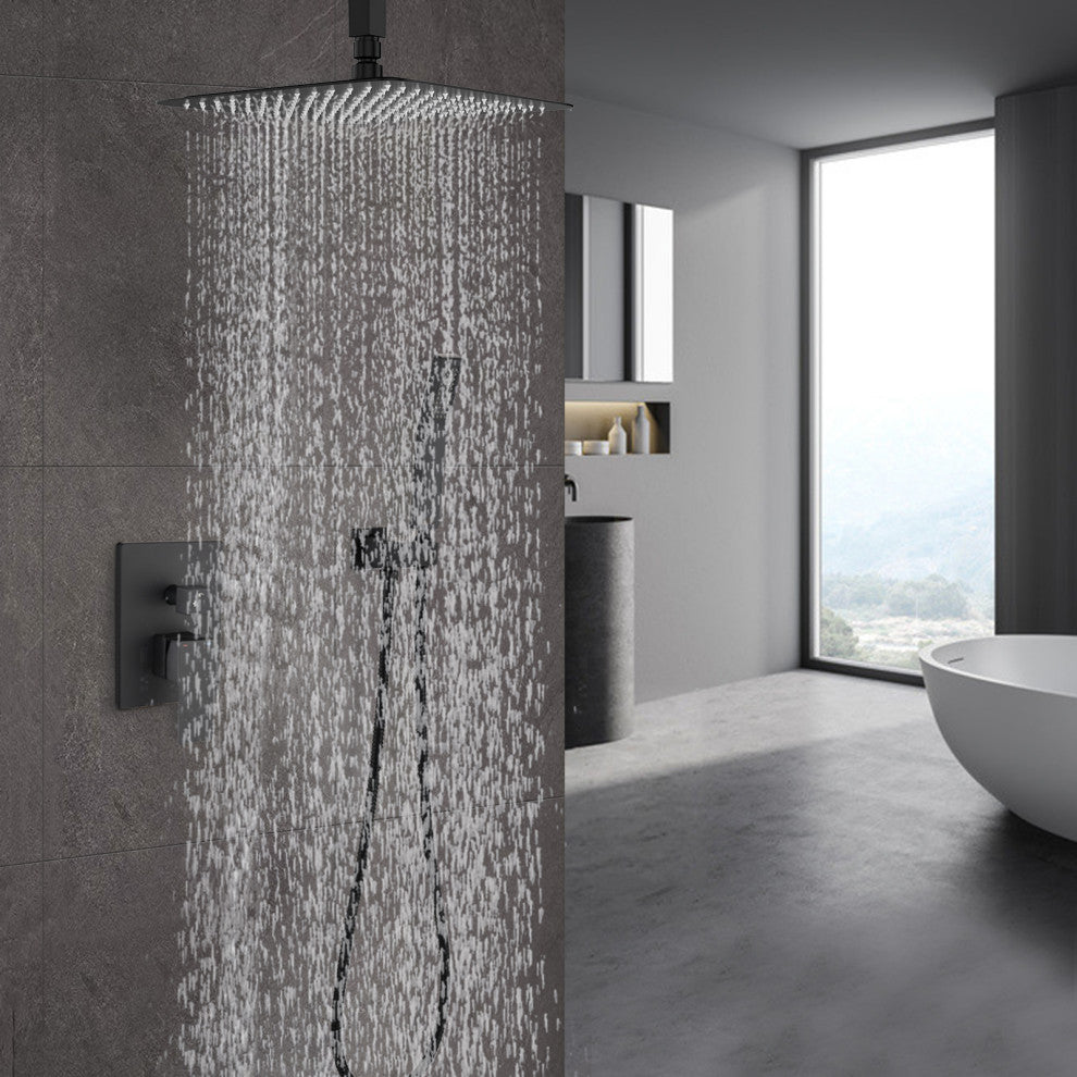 Ceiling Mounted Shower System Set With 16" Rain Shower Head, Matte Black