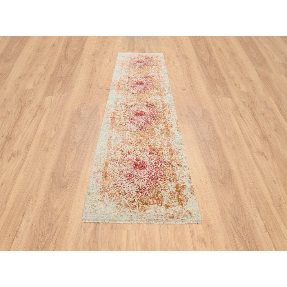 Pink, Hand Knotted, Persian, Wool and Pure Silk, Runner, Rug, 2'6" x 11'10"