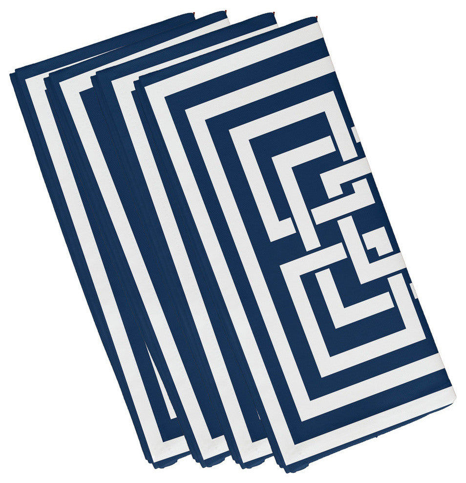 19"x19" Greek New Key, Geometric Print Napkins, Set of 4, Navy Blue