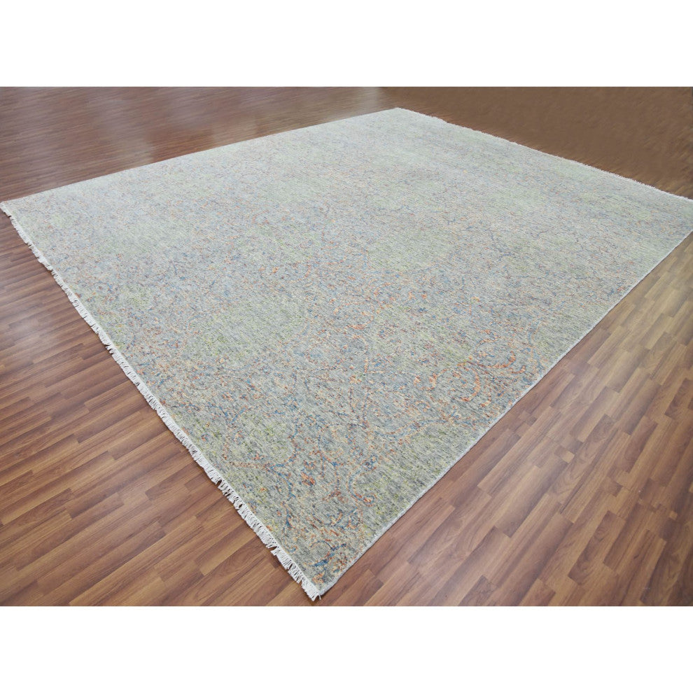 Green,Obscured and Subtle Collection,Hand Knotted, Oriental Rug, 12'x15'2"