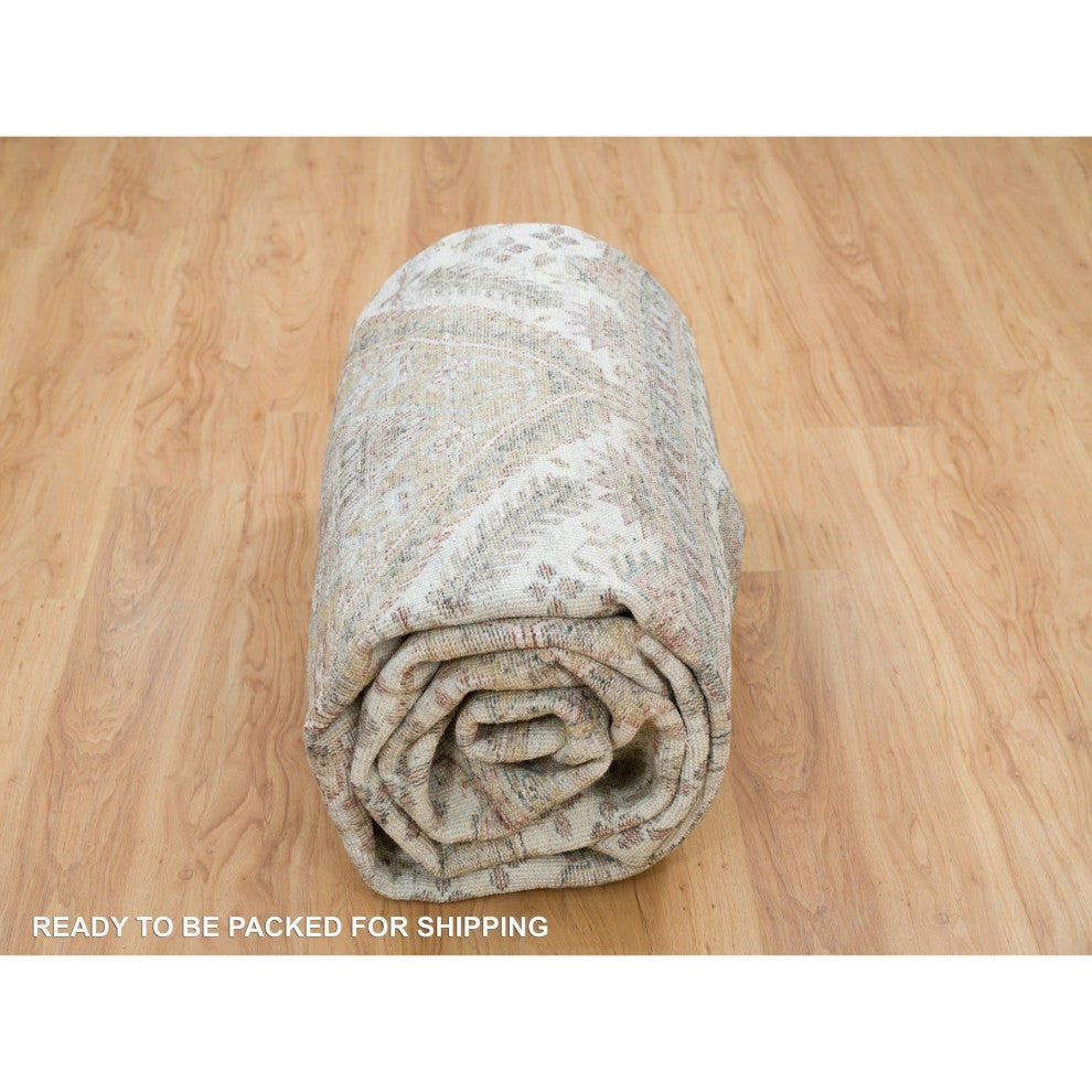 Vista White Unique Flower Rosettes Border Hand Knotted Oriental Rug 8'10"x11'10"