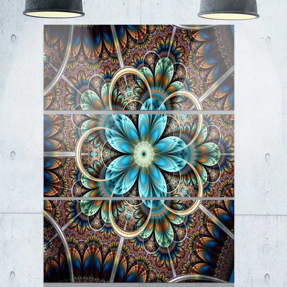 "Large Brown Blue Fractal Flower" Metal Wall Art, 3 Panels, 28"x36"