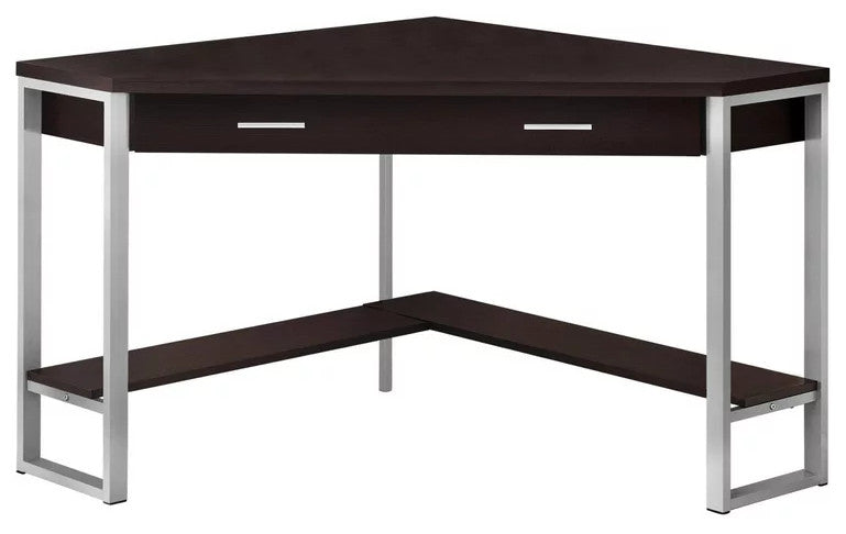 Contemporary Corner Desk, Large Drawer & Lower Open Shelf, Cappuccino/Silver