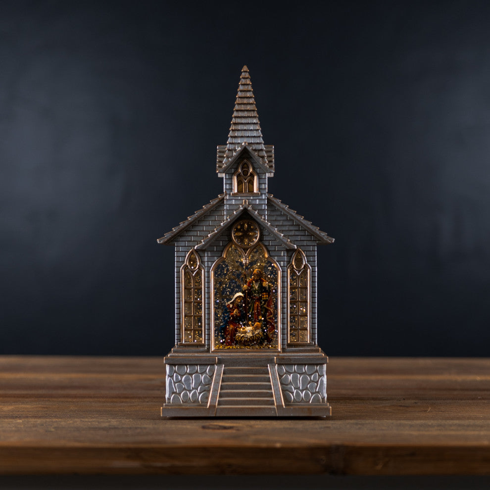 LED Snow Globe Church With Nativity 8.25"H