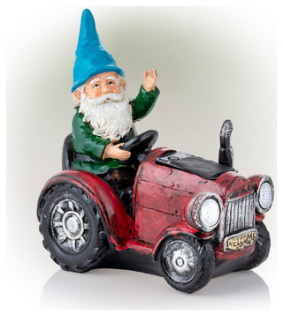Solar Red Tractor Riding Gnome with Cool White LED Lights