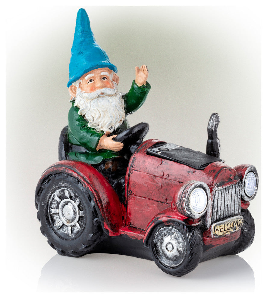 Solar Red Tractor Riding Gnome with Cool White LED Lights