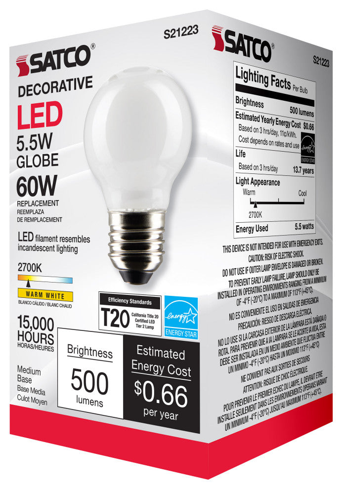 5.5W G16.5 LED, White, Medium Base, 90 CRI, 2700K, 120V