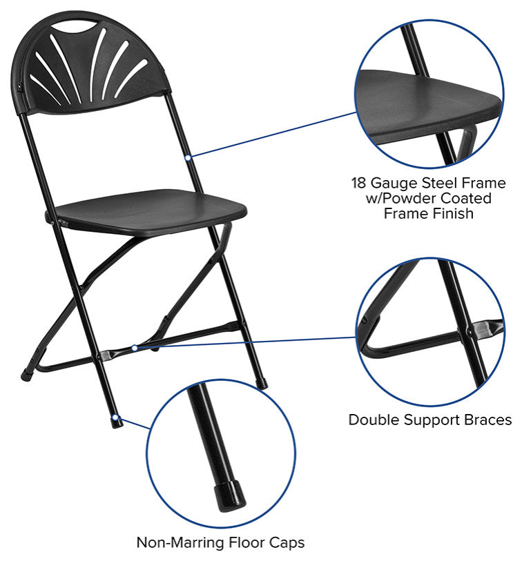 2 Pack HERCULES Series 650 lb. Capacity Plastic Fan Back Folding Chair, Black