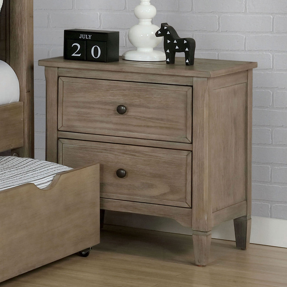 2 Drawers Wooden Night Stand, Wire-Brushed Warm Gray