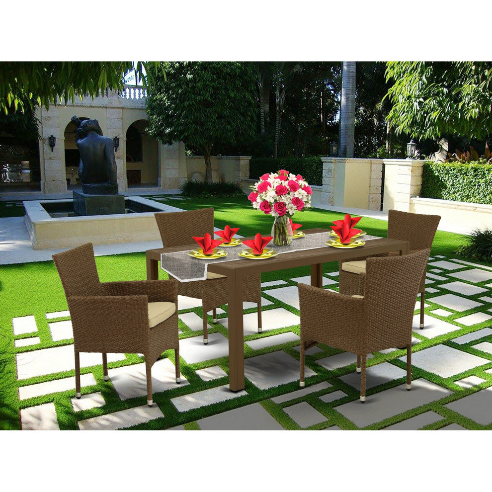5Pc Outdoor- Brown Wicker Dining Set, Patio Table, 4 Balcony Backyard Armchair