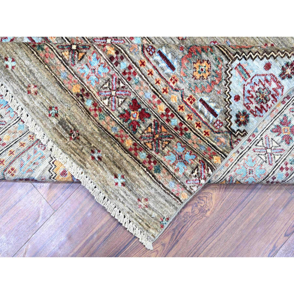 Sage Gray Afghan Super Kazak Hand Knotted Shiny Wool Oriental Rug, 8'6"x11'8"