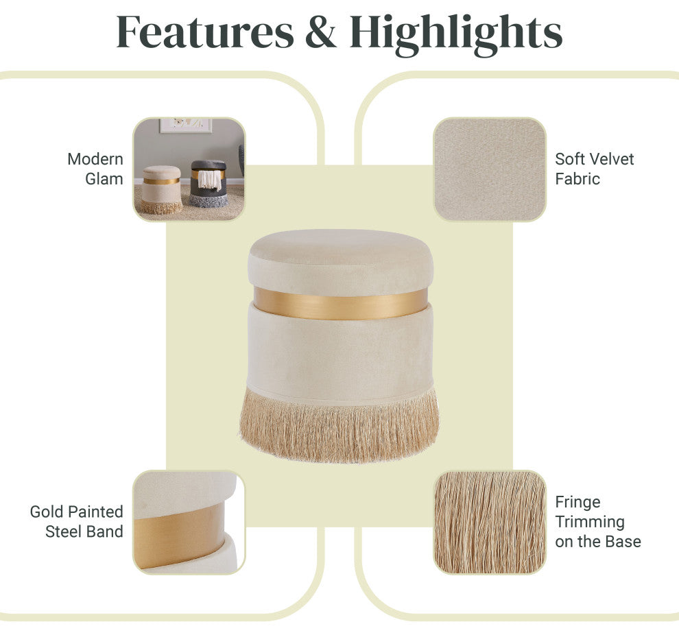 Suri Velvet Fabric Fringe Round Storage Ottoman, Serene Cream