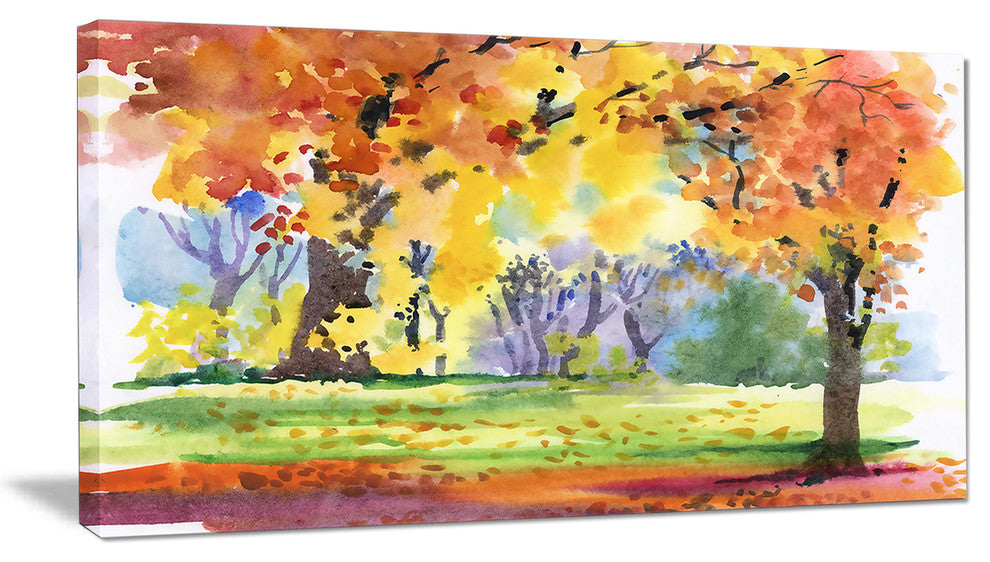 "Autumn Park Yellow Trees Watercolor" Landscape Wall Wall Art, 32"x16"