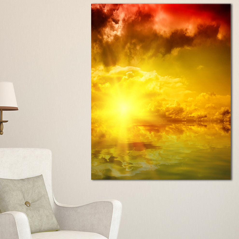 "Red Dramatic Sky With Yellow Sun" Landscape Art Print Canvas, 16"x32"