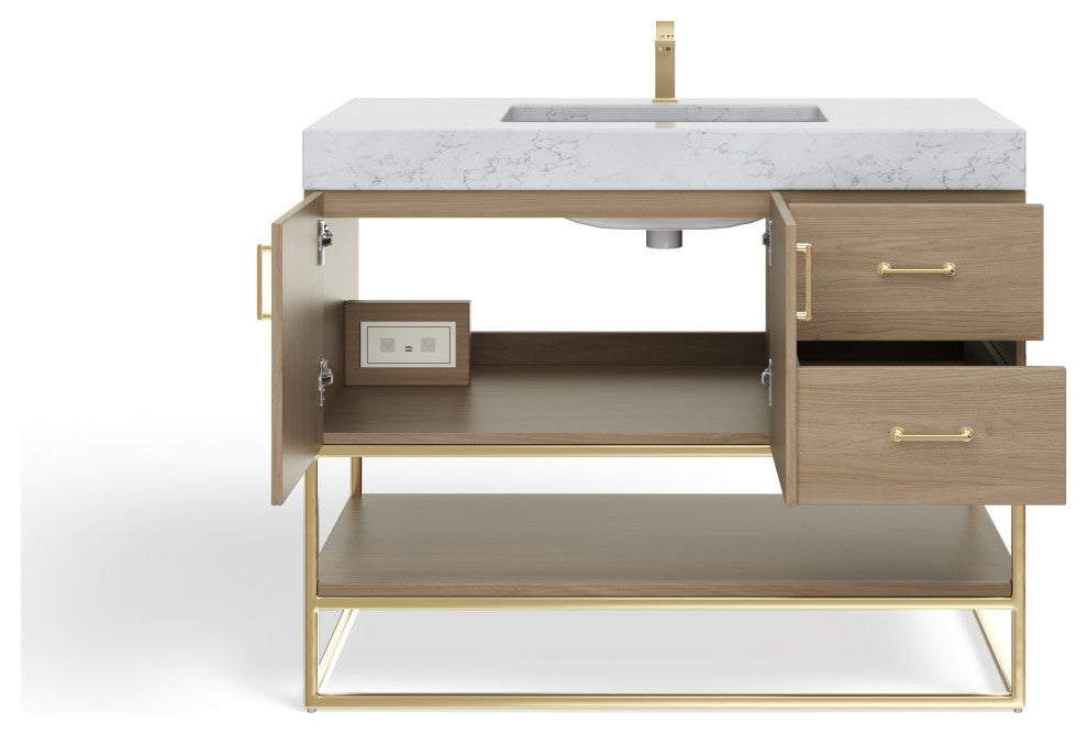 Bahia Bath Vanity, Oak, 42", Brushed Gold Hardware, Single, Freestanding