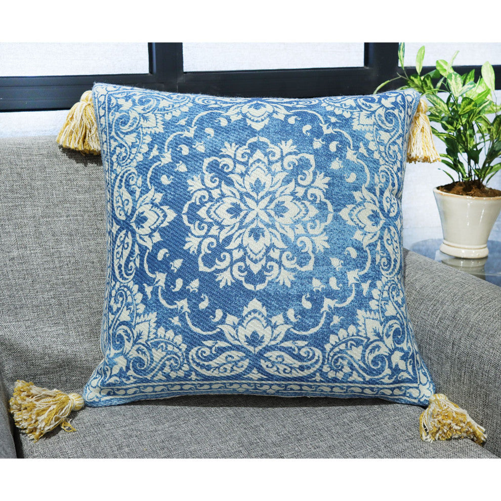 Blue & White Machine Woven with Tassels Skyview Throw Pillow, 20" x 20"