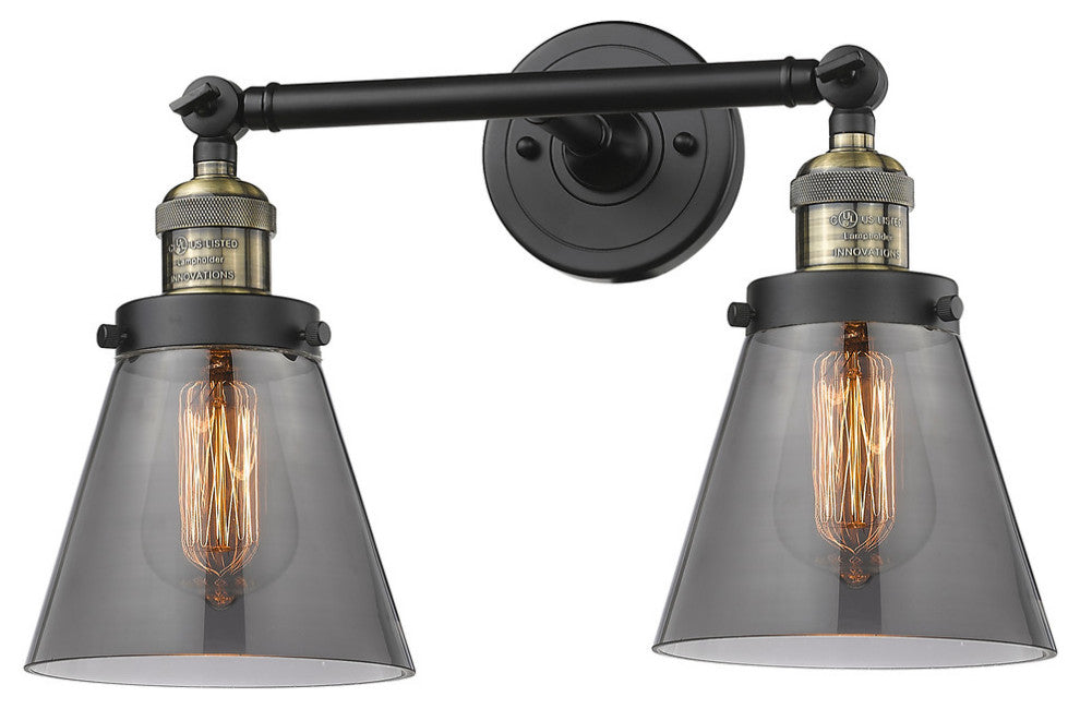 2-Light Small Cone 16" Bath Fixture, Black Antique Brass, Glass: Smoked