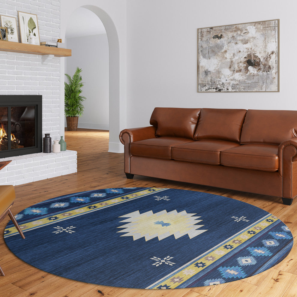 Indoor/Outdoor Phoenix PH4 Navy Machine Washable 8' x 8' Round Rug