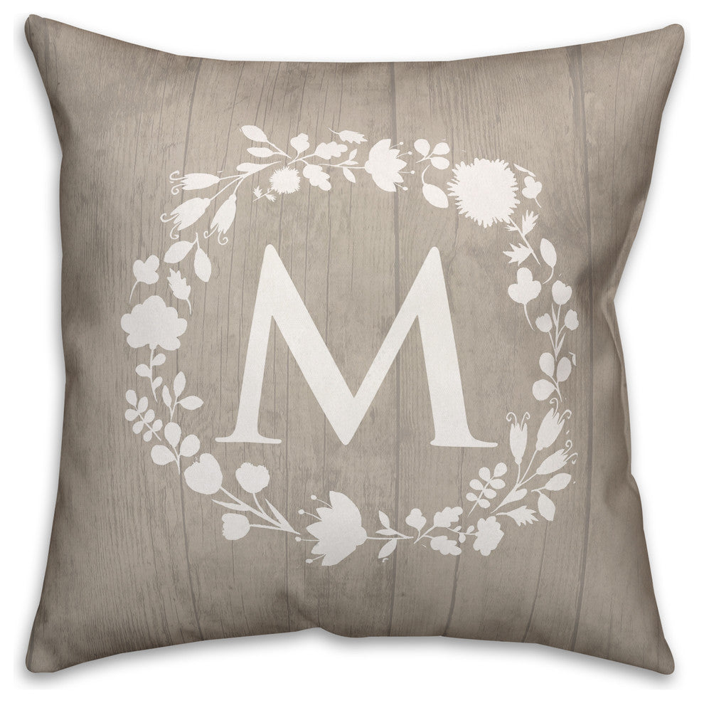M Rustic Wreath Monogram Spun Poly Pillow, 18x18