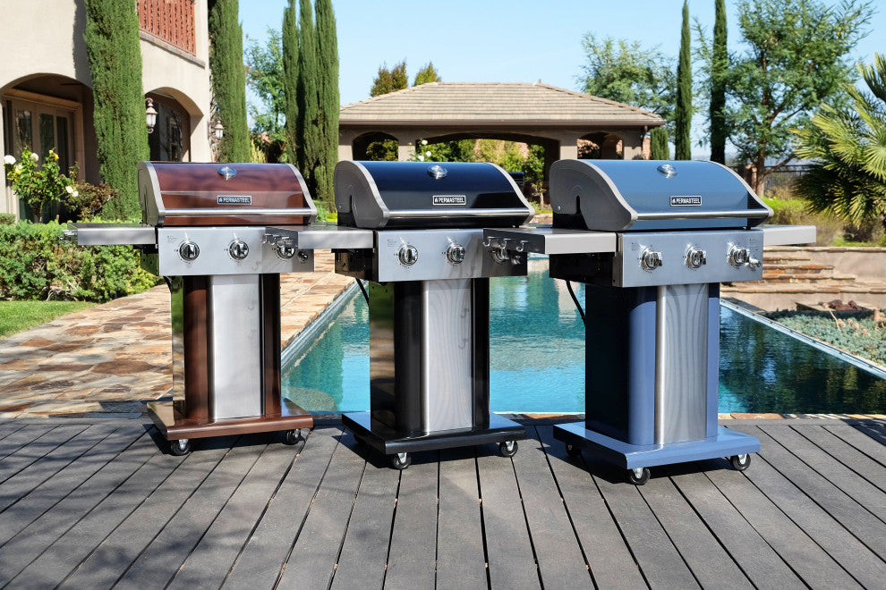 Permasteel 3 Burner Propane Gas Grill with Folding Side Shelves, Black