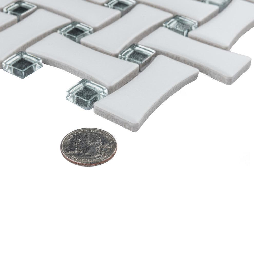 Metro Dog Bone Basketweave With Glass Gold Dot Porcelain Mosaic Wall Tile Sample