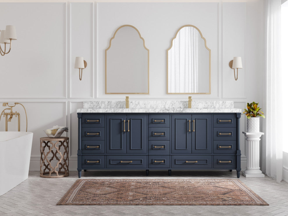 Aberdeen 84 Double Sink Bath Vanity in Hale Navy Blue  2" Carrara Marble
