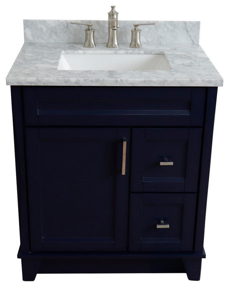 31" Single Sink Vanity, Blue Finish With White Carrara Marble