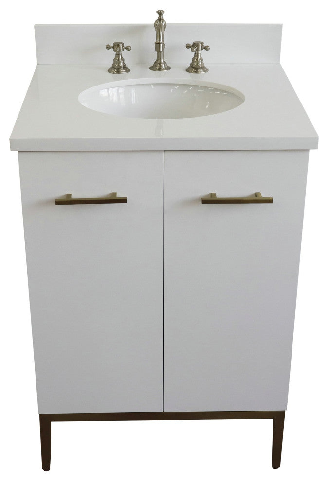 25" Single Sink Vanity, White Finish With Engineered Stone Top And Oval Sink