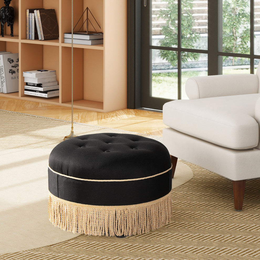 Yolanda 24" Upholstered Round Accent Ottoman, Jet Black Woven