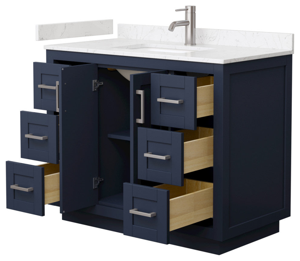Miranda 42" Dark Blue SGL Vanity, LV Carrara Cult. Marble Top, Nickel Trim