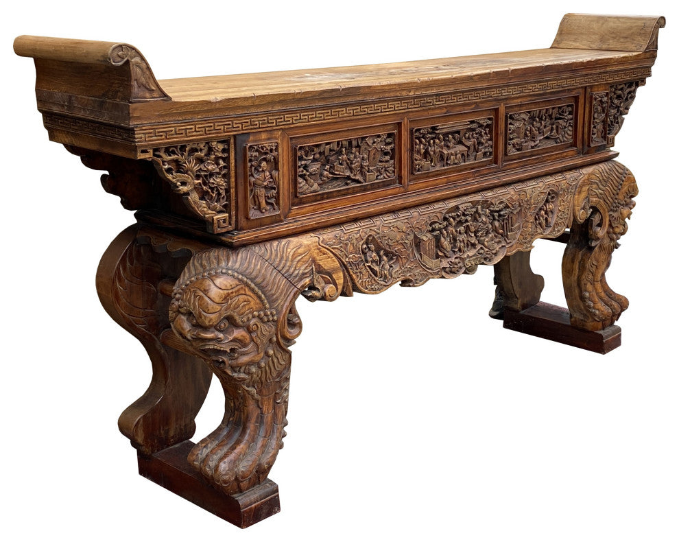 Chinese Vintage Opera Scenery Lion Heads Carving Long Altar Console  Hcs7795