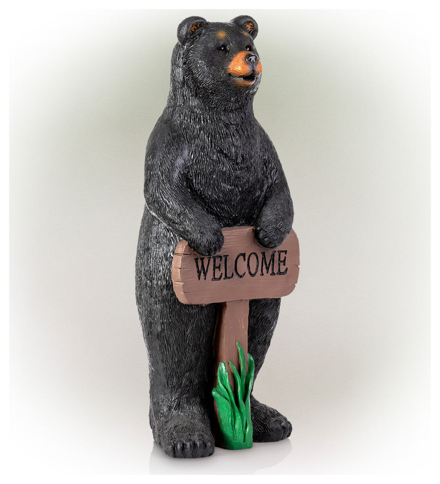 36" Tall Outdoor Standing Black Bear with Welcome Sign Yard Statue Decoration