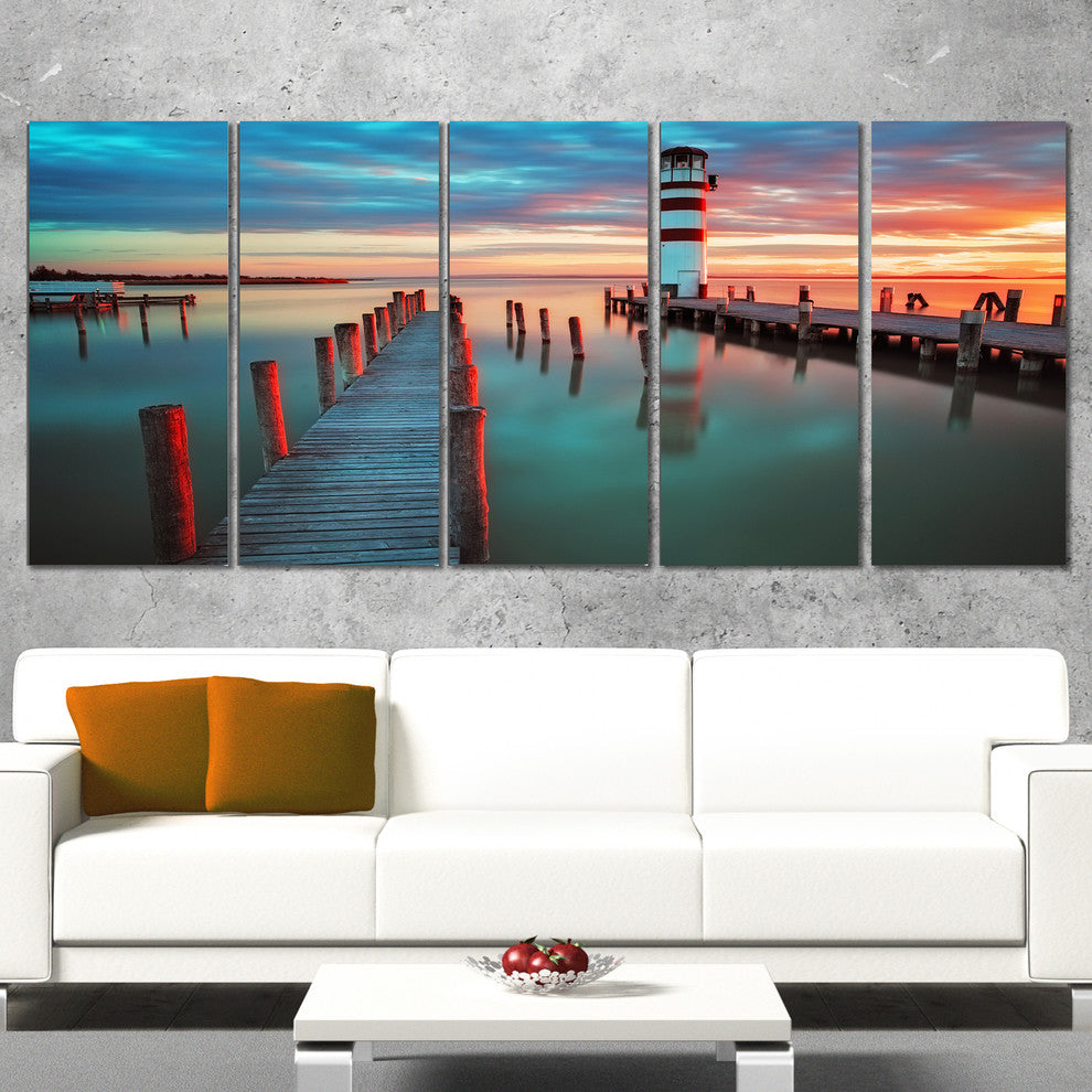 Lighthouse at Lake in Neusiedl am See, Landscape Canvas Art, 60"x28", 5 Panels