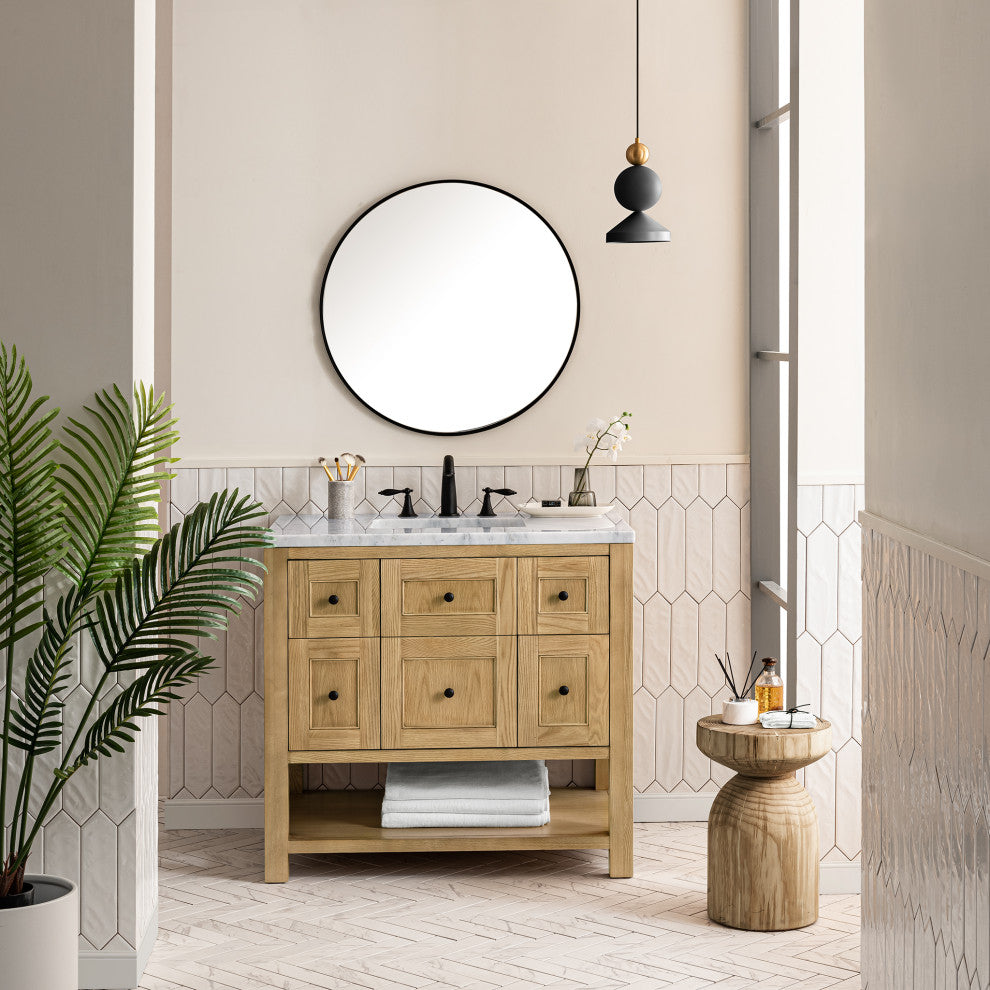 James Martin Breckenridge Bath Vanity, Light Natural Oak, 36", Carrara Marble, Three-Hole