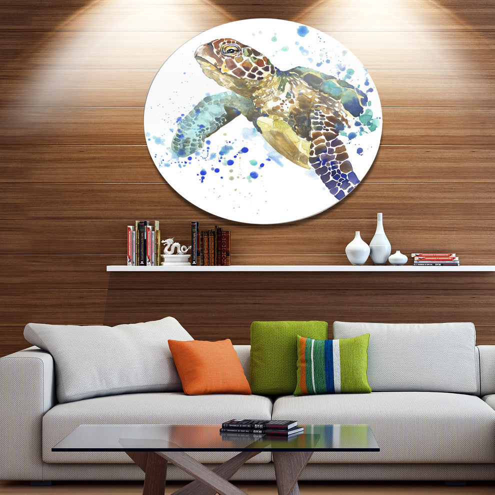 Blue Sea Turtle Illustration, Animal Round Wall Art, 23"