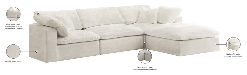 Cozy Velvet Upholstered Comfort L-Shaped Modular Sectional, Cream, 4-Piece: 1 Armless Chair, 2 Corner Chair, 1 Ottoman