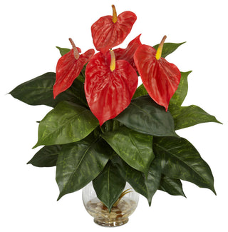Anthurium With Fluted Glass Bowl Silk Plant