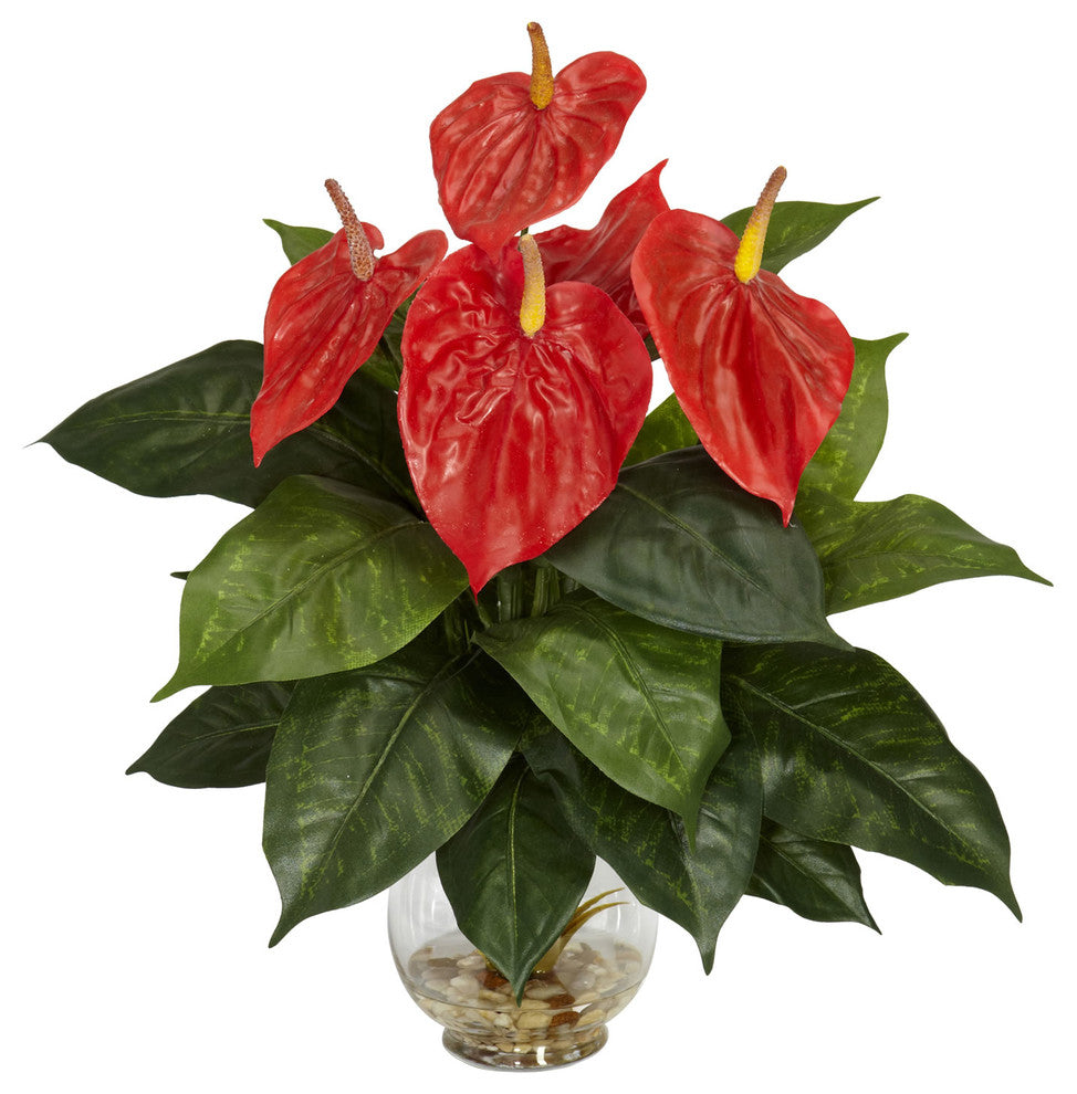 Anthurium With Fluted Glass Bowl Silk Plant